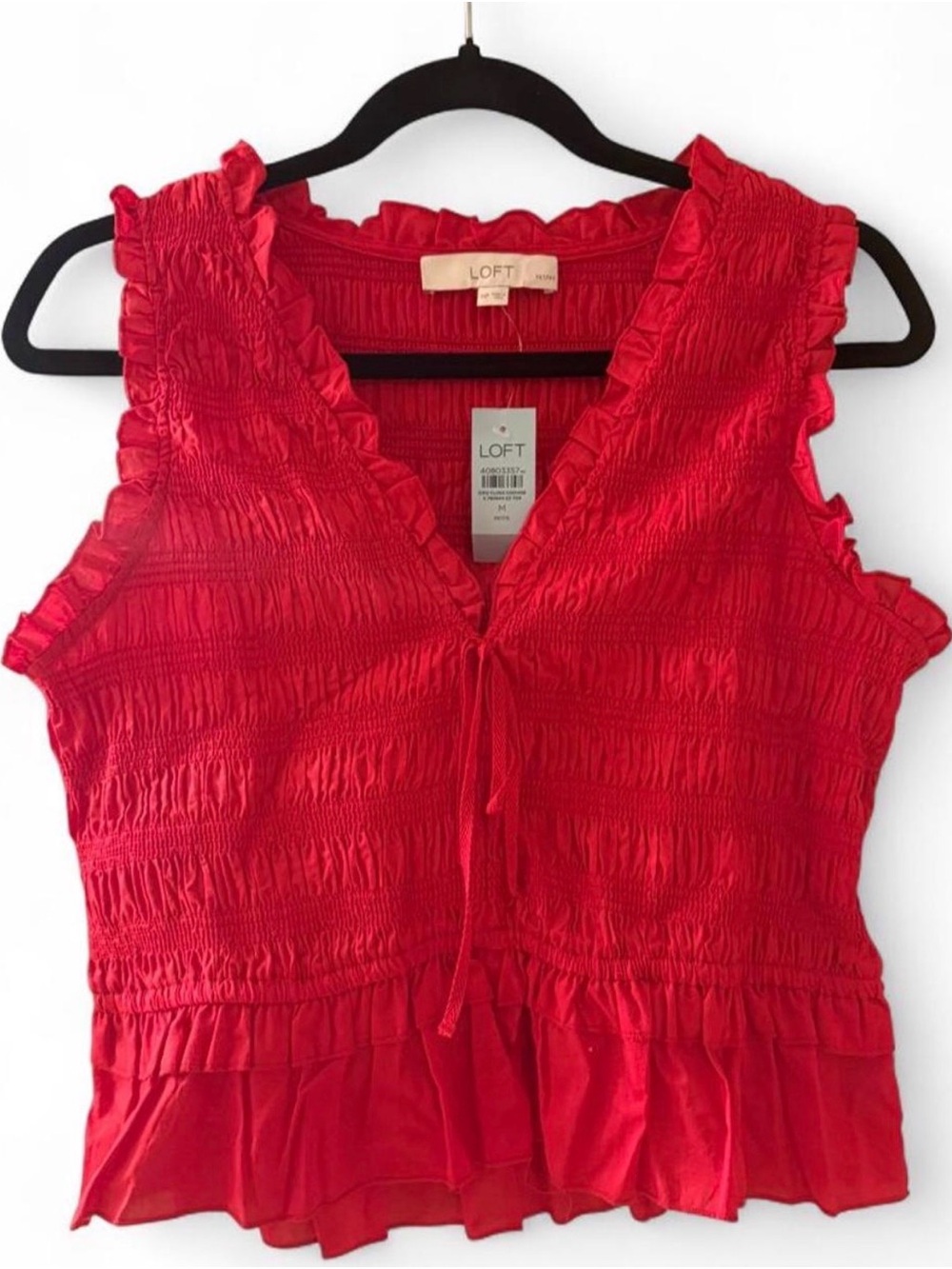 LOFT Red Smocked Ruffle Tie-Front Camisole